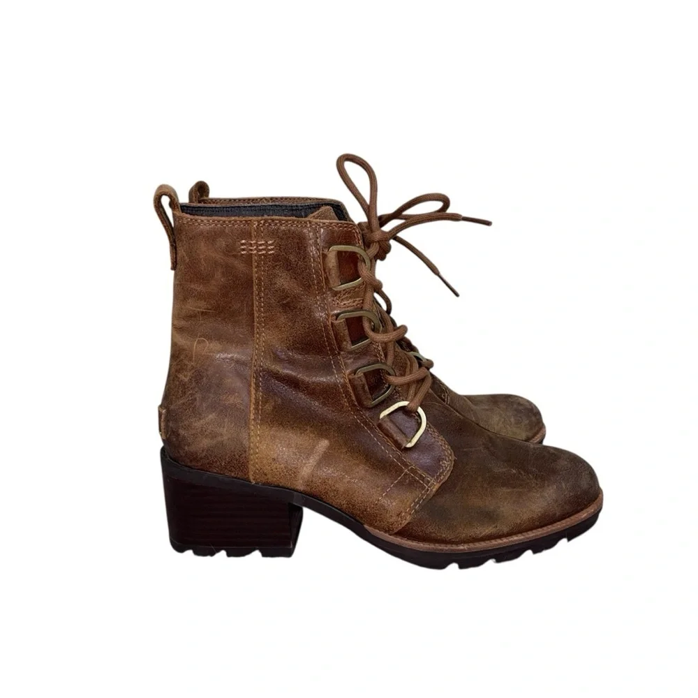 SOREL Women's Cate Lace Bootie Waterproof Leather Rain Boot in Brown Size 8